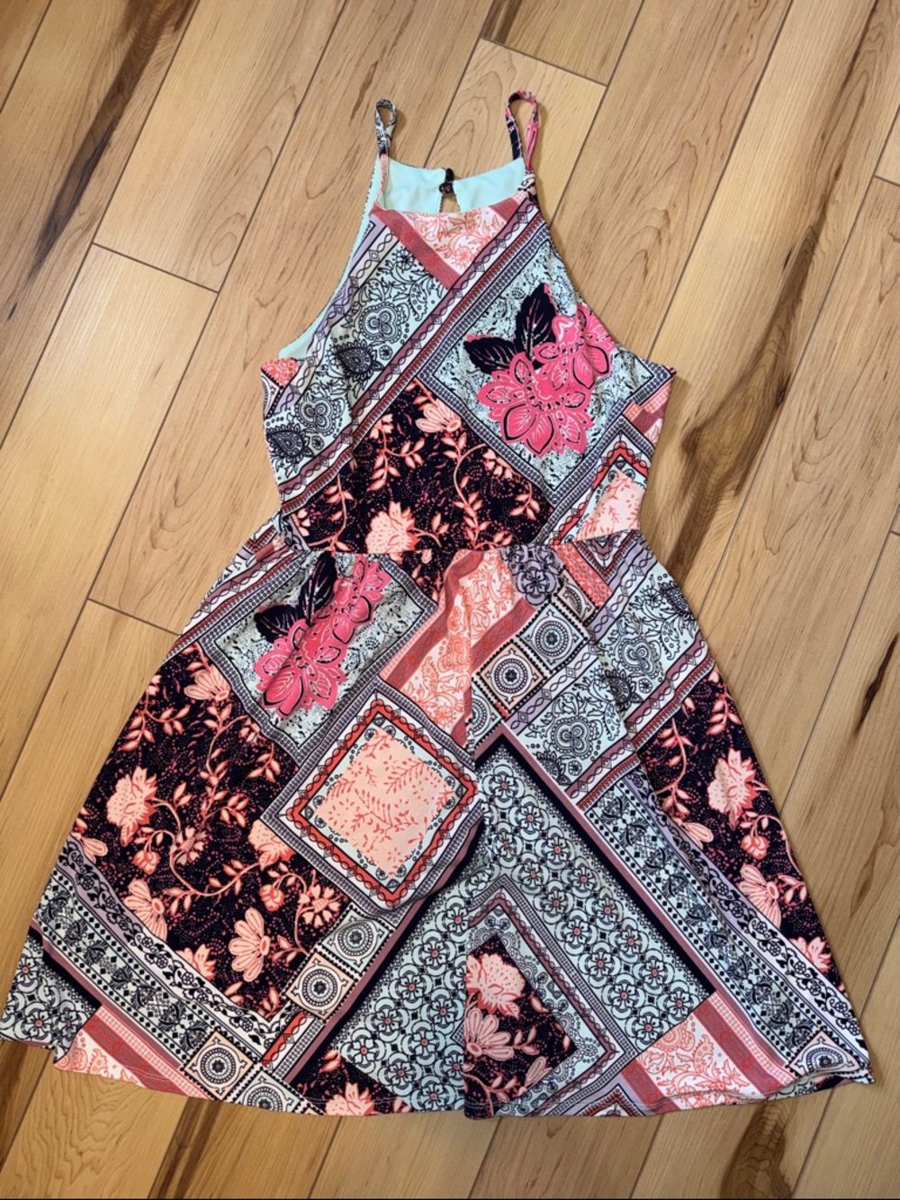 Maurices Pink Black Cream Patchwork Floral Mini Dress